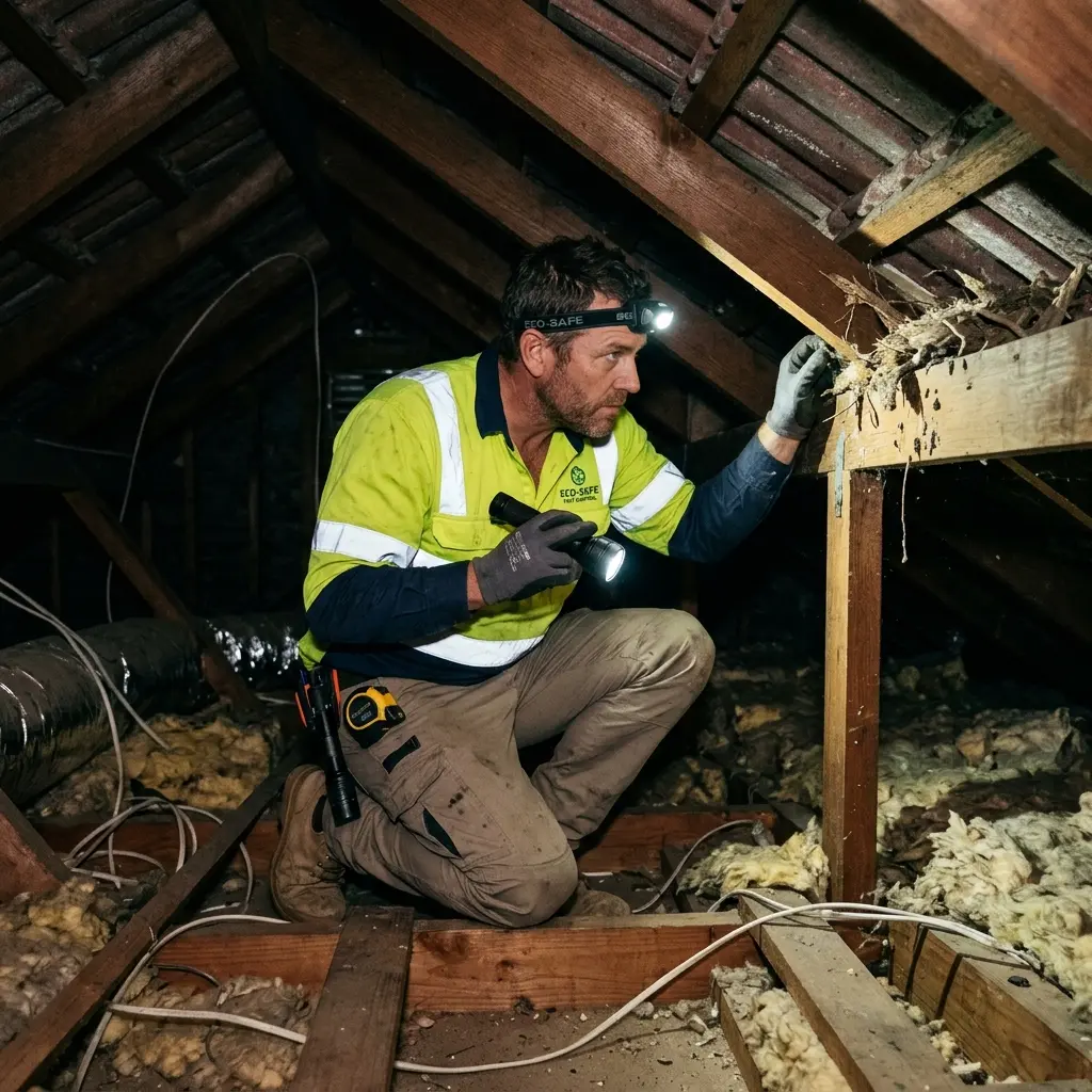 Technician inspecting a roof cavity for a dead animal in Clayton