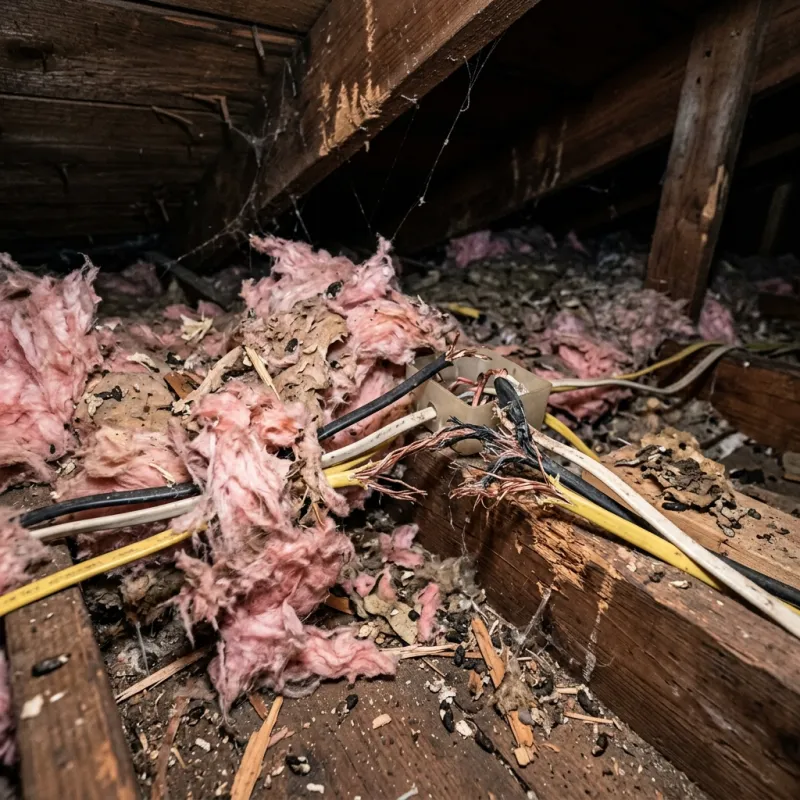 Contaminated ceiling insulation being assessed in a Clayton roof space