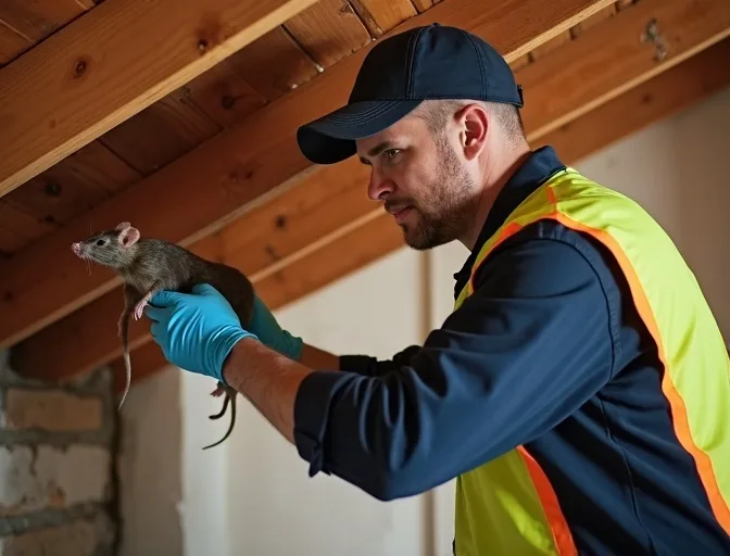 Technician inspecting a roof cavity for a dead rat in Clayton